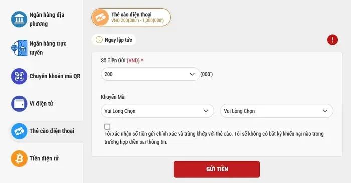 Nạp tiền thông qua thẻ cào điện thoại